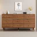 Chrangmay 9 Drawer Dresser,63" Wide Mid Century Modern Chest of Drawers,Wooden Bedroom Drawer Dresser with 9 Storage Drawers for Bedroom, Living Room,with Anti-Tipping Device,Chestnut