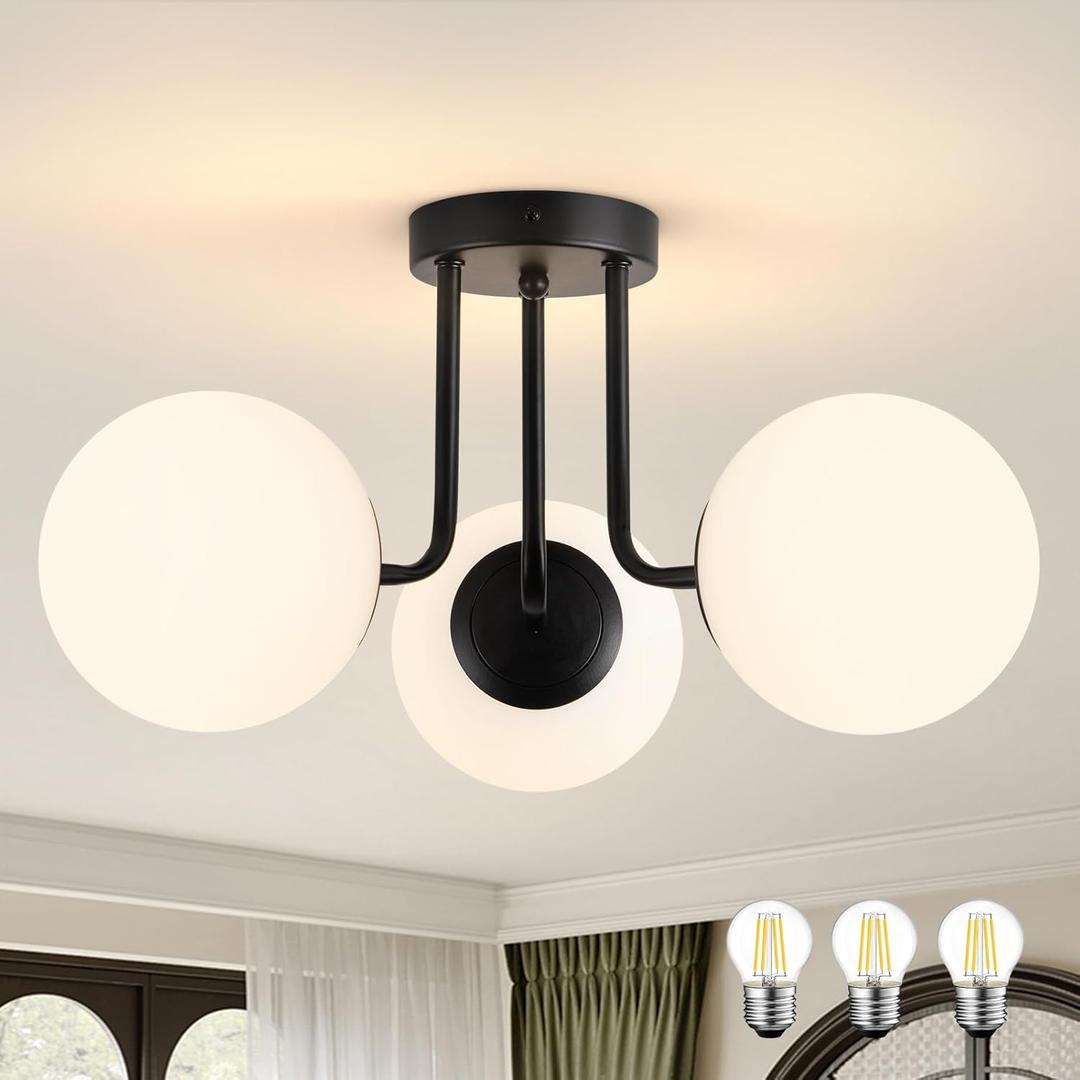Modern Semi Flush Mount Ceiling Light, 3-Light Glass Globe Ceiling Light Fixture, Matte Black Mid Century Sputnik Chandelier for Living Room, Bedroom, Hallway, Kitchen (Blub Included)