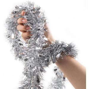 Tinsel Garland, Silver Holiday Metalic Decorations for Birthday, Wedding, Festivities, Halloween, Christmas, Xmas Sparkly Garlands for All-Season Indoor Outdoor Home Party Decor