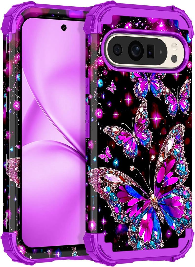 LONTECT for Google Pixel 9/9 Pro Case, Floral Shockproof Rugged Heavy Duty 3 in 1 Hybrid Sturdy High Impact Protective Cover,Glow in The Dark Amaranth