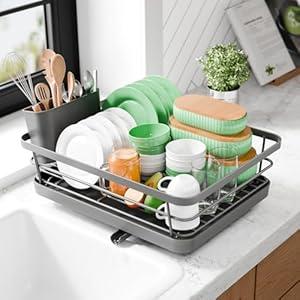 Kitsure Dish Drying Rack - Compact Dish Rack with Utensil Holder & Adjustable Water Outlet, Rust-Proof & Scratch-Resistant Drying Rack for Kitchen, 15.5" x 12.0" x 5.0", Grey