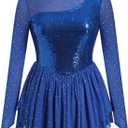 ODASDO Figure Skating Dress for Women Mesh Long Sleeve Sparkly Sequin Rhinestones Skirted Leotard Gym Ballet Dancewear (Blue, L)
