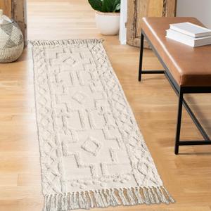 Uphome Boho Washable Runner Rugs 2' x 5', Woven Tufted Neutral Hallway Runner Rug with Fringe, Beige Cotton Farmhouse Entryway Rug, Tribal Accent Bedroom Floor Carpet for Bedside Laundry Kitchen