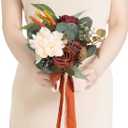 Ling's Moment Artificial Flowers Terracotta Bridesmaid Bouquet, Fall Wedding Flowers Bouquets for Bridesmaids, 7 Inch Bridal Bouquets for Bridesmaids, Wedding Decor, Ceremony, Anniversary, etc (Or-burnt Orange)