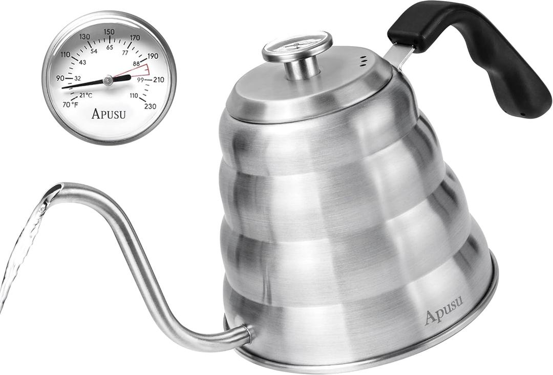 Gooseneck Kettle for Manual Drip Coffee & Tea 40oz Stainless Steel Pour Over Coffee Kettle with Thermometer Tea Kettle for Stovetop,1200ml,6 Cup,Silver,1Pack (1.3 Quarts)