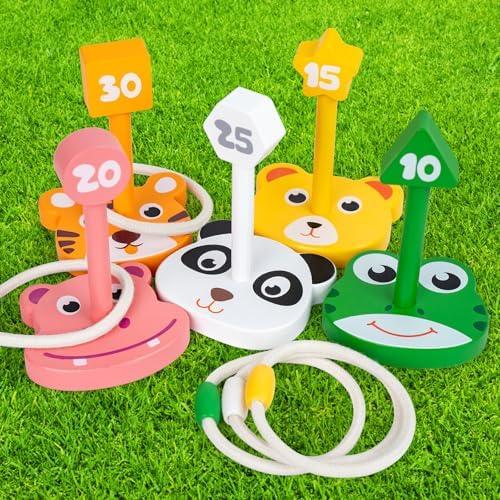 Wooden Ring Toss Game Set, Animal Ring Toss Game Toys, Fun Indoor & Outdoor Yard Game for Kids Adults - Lawn and Backyard Game for Family Birthday Party Easter Festivals Summer Beach Fun Activities