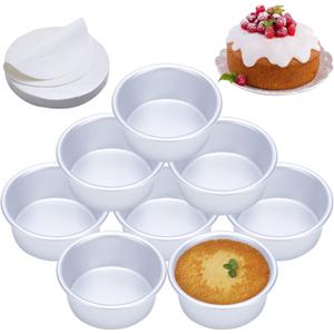 4 Inch Cake Pan Set of 8, Anodized Aluminum Round Cake Pans with 100 Pcs Parchment Paper Tins Baking Pan for Cheese Cake, Pizza, Quiche, Non Toxic, Leakproof, Easy Pop Out