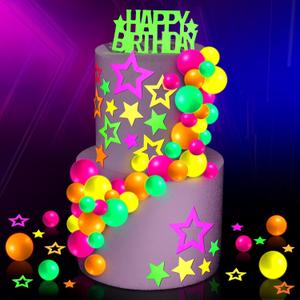 57 Pcs Neon Cake Decorations Cake Toppers Let's Glow Party Theme Decor for Glow in the Dark Neon Blacklight Party Supplies and Decorations for Birthday Wedding