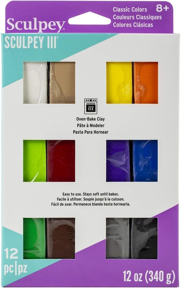 Sculpey III 12 Bright Colors of Polymer Oven-Bake Clay, Non Toxic 12 oz., great for modeling, sculpting, holiday, DIY & school projects.Great for kids & beginners, Multicolor, S3 VMB-6