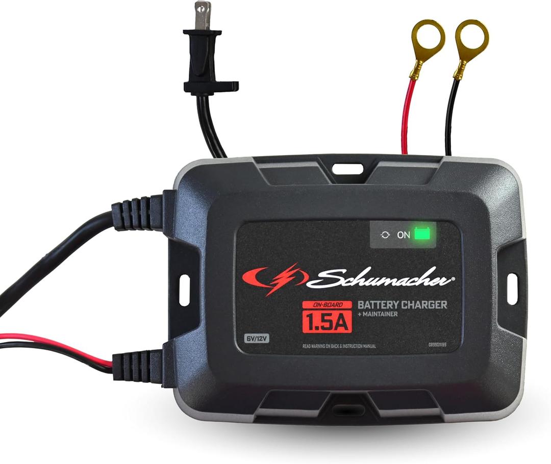 Schumacher Electric 1.5A Onboard Car Battery Charger and Maintainer, 3-in-1 Solution, for 6V/12V Power Sport, Automotive, and Marine Batteries, SC1587