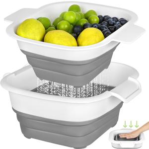 ROTTOGOON Collapsible Colander Set with Strainer Bowl, 2 in 1 Fruit Washing Basket with Strainer, 5 + 3 QT Plastic Colanders for Kitchen, Foldable Double Layered Colanders Bowl for Vegetable, Grey