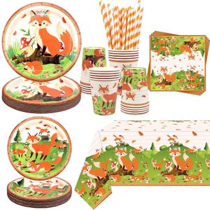 Fox Birthday Party Supplies, Includes Plates, Napkins, Cups, Straws, Tablecloths, for Girl Boy Fox Theme Baby Shower Birthday Party Decorations