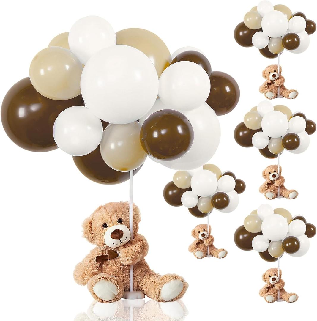 Meooeck 185 Pcs Bear Baby Shower Party Decorations Table Centerpieces 5 Pcs 13. 5'' Gender Reveal Bears 180 Balloons Kit Baby Shower Table Decor for Birthday Wedding(Brown, Nude, White)