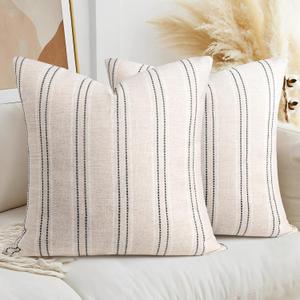 AELS 26x26 Decorative Farmhouse Linen Throw Pillow Covers, Boho Textured Pillow Case, Set of 2, Beige with White & Black Stitch Yarn Dyed Stripe Cushion Cover for Sofa Couch Living Room (Cover ONLY)