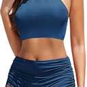 Women High Waisted Shorts Bikini Sets Tummy Control Swimsuit Two Piece Halter Drawstring Bathing Suit, Size S