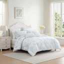 Laura Ashley - Twin Bonus Comforter Set, Soft Reversible Bedding Set, 5 Piece Bed Set with Matching Pillowcases, Euro Shams, & Throw Pillow Covers (Annalise Floral/Dilly Dally Stripe Blue)