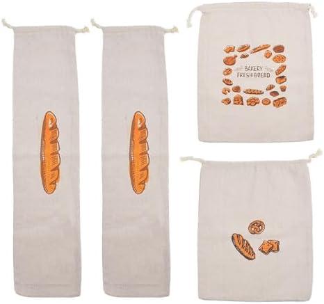 Pack of 2 gobyhumm 4 Pieces Linen Toast Reusable French Baguette Biscuit Bag Cotton Drawstring Bread Bag for Homemade Container（2 Baguettes+Bread+Letter bread）