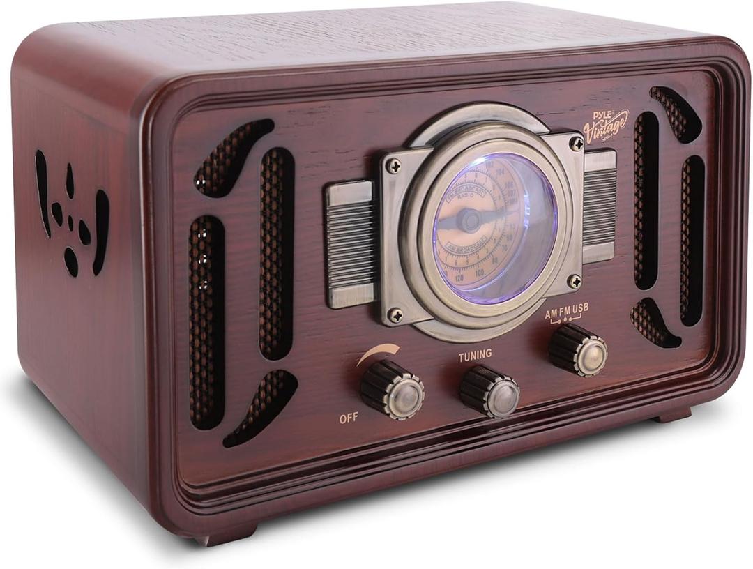 Pyle Retro Wireless Bluetooth Radio Speaker - Classic Vintage Style Audio Sound Receiver System w/Built-in Stereo Speakers, USB, SD Card Slot, AUX, RCA, MP3, AM/FM Tuner PUNP34BT.5