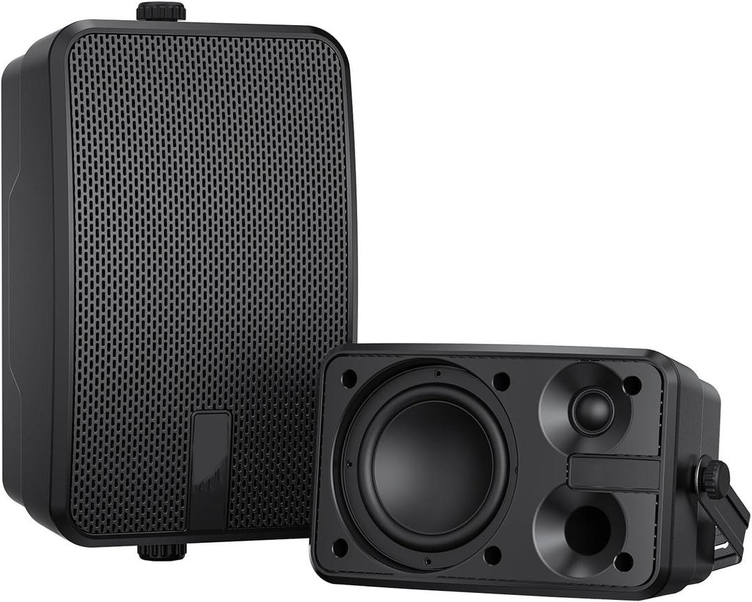 Altavoces para exteriores para patio, porche, cenador, garaje. Altavoz activo de montaje en pared pasivo de 400 W. Sistema de sonido estreo para interiores y exteriores, entrada auxiliar, IPX5