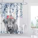 Blue Eucalyptus Highland Cow Shower Curtain Watercolor Floral Leaves Cattle Plants Botanical Bathroom Decor Waterproof Fabric Cloth 72Lx72W Inch with 12PCS Hooks