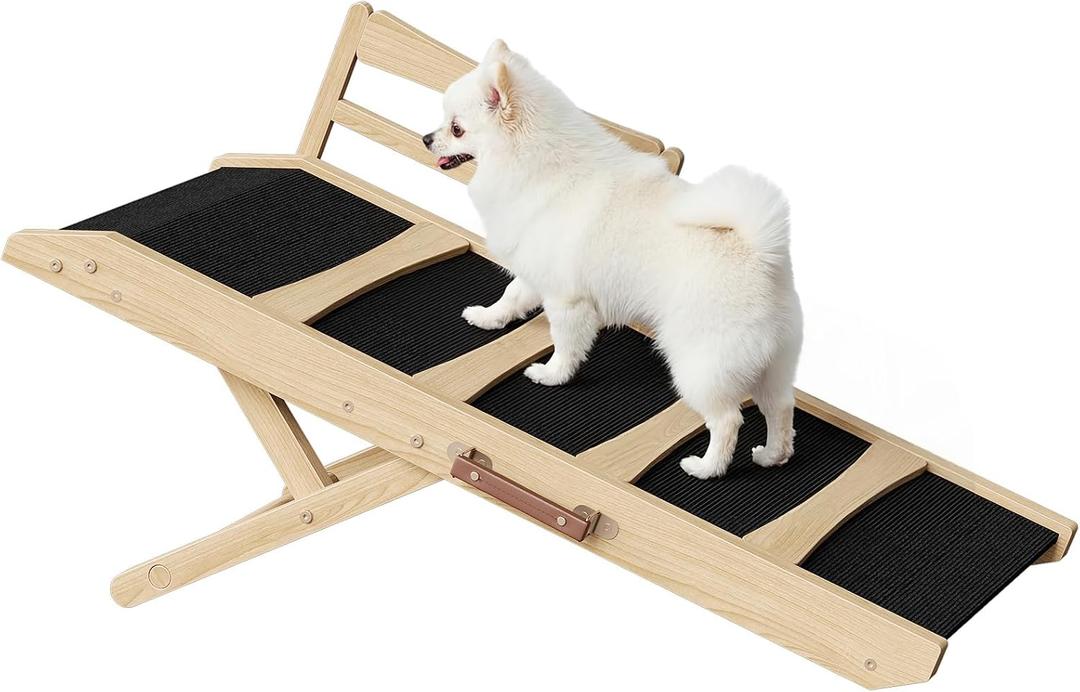 HOOBRO Dog Ramp for Bed, 15.7" Width Folding Pet Ramp with Guardrail and Non-Slip Mat, Dog Ramp for Couch, 4-Level Adjustable from 9.8" to 18.9", for Small Dogs, Natural and Black NB48PT03