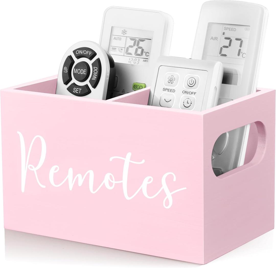 DRASTAR Remote Holder and Organizer - TV Remote Caddy for Table, Wooden Storage Organizer with Pink Accessories (2 Slots)
