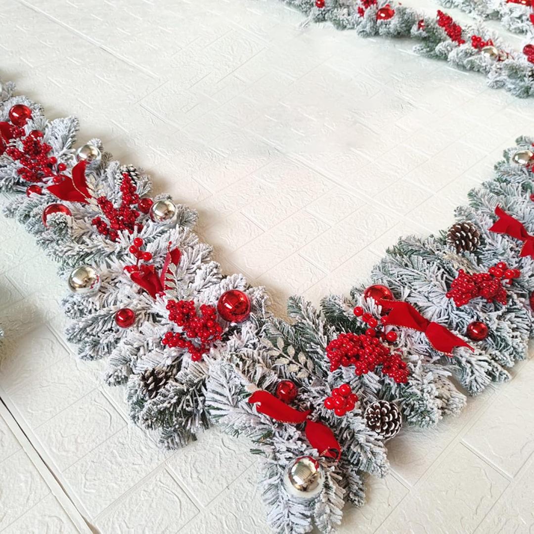 Braiton Christmas Wreaths Decoration for Front Door, Wall Hanging Christmas Snowball Red Berry Pine Cone Garland Ornament for Xmas Party Indoors and Outdoors Home Decor (2PCSx 1.5M Rattan, Red)