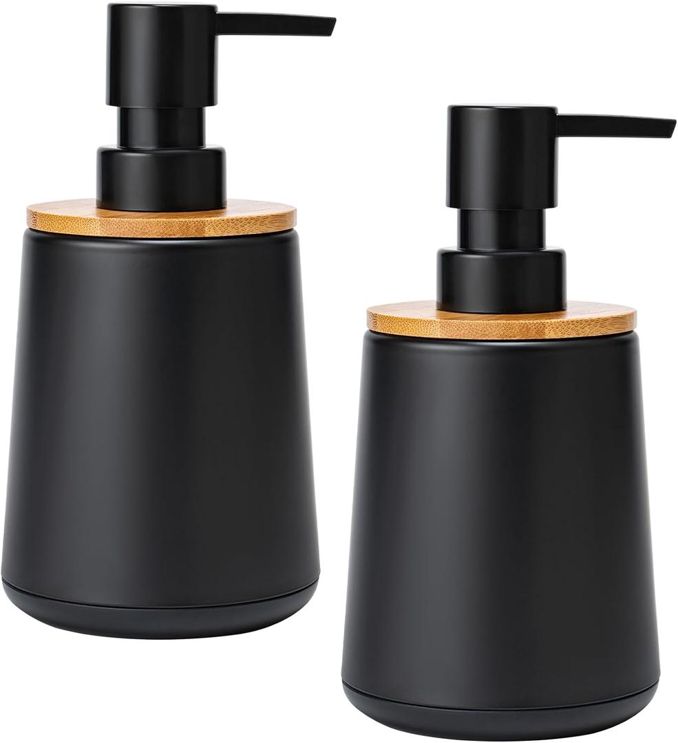 Soap Dispenser Plastic Bamboo with Pump Liquid Hand Lotion Dispenser for Shampoo Bathroom Kitchen 12 oz Black 2 Pack