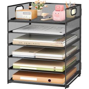Subekyu 6 Tier Paper File Tray Organizer for Desk, Black Mesh Desk Letter Paper File Folder Accessories Sorter Organizer with Handle, Stackable Slide Tray for Office, Home or School Supplies Storage