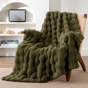 EXQ Home Rabbit Faux Fur Throw Blanket for Couch,Soft Fluffy Bubble Double Sided Plush Blanket,Cozy Thick Warm Fuzzy Decorative Blanket for Bed Chair Sofa Living Room, 50x60 Inches (Dark Green)