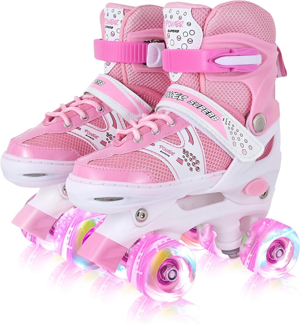 Adjustable Roller Skates for Girls & Kids, All Wheels Light Up, Beginner-Friendly, Pink (Small-Little Kid(J11-1.5))
