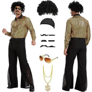 70s Disco Costume for Men 6 Pcs Shirt Bell-Bottom Pants Wigs Sunglasses Necklace Shirts for Disco Party (Golden, M)