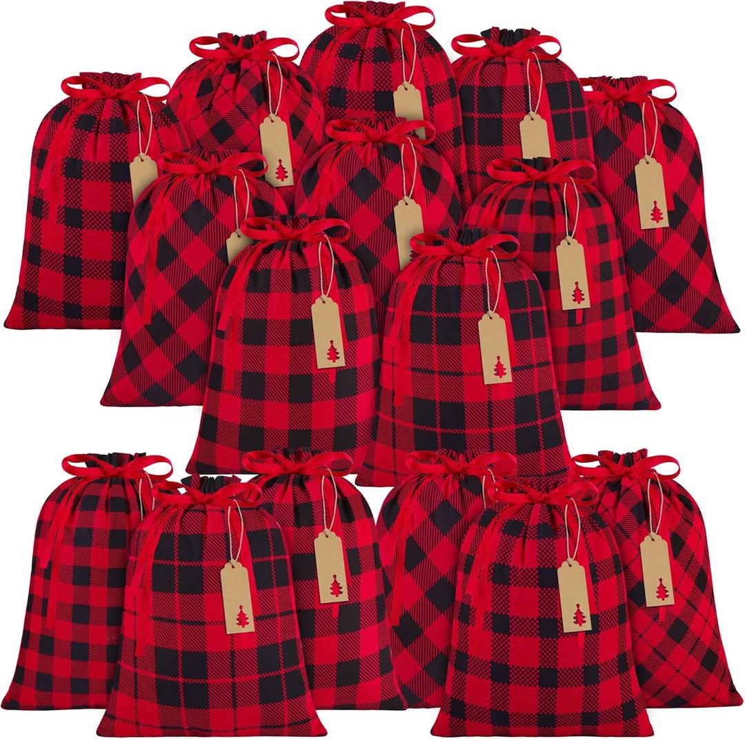 MIMIND 16 Pieces Christmas Drawstring Gift Bags Cotton Fabric Gift Bag 10 x 12 Inch Red and Black Buffalo Plaid Drawstring Bag Xmas Santa Sack Christmas Party Favor Bag with 24 Tags, 6 Style