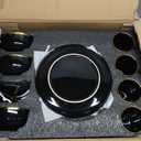 Modern Porcelain 16 Piece Dinnerware Set for 4, Black and Gold Plates and Bowls Set - Service Includes Mugs, Elegant Chip Resistant Dishwasher Safe Complete Dish Set