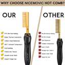 NICEMOVIC Ceramic Heating Hair Straightener Comb - Hot Pressing Brush for Natural Black Hair, Beard Wigs, and Curling (Gold)