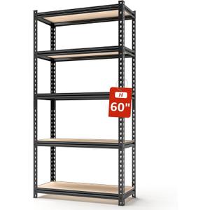 5 Tier Adjustable Heavy Duty Metal Shelving Unit, 60" H x 28" W x 12" D, Utility Rack, Garage Storage Shelves for Kitchen, Basement, Warehouse, Living Room, Classroom, Black