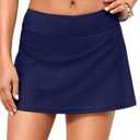 Mid Rise Swim Skirt - 2025 Bathing Suit Skirt with Built-in Bikini Bottom Waistband Skort Swimsuit Bottoms for Women (Large, Navy Blue)