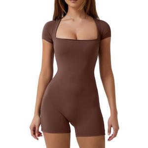 QINSEN Women's Short Sleeve Bodycon Romper Stretchy Square Neck Sexy Unitard Jumpsuit (Large, Mocha Brown)