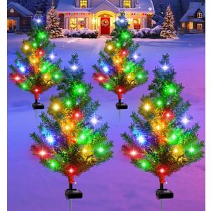 Solar Christmas Tree 4 Pack Garden Stake Light Waterproof Outdoor Christmas Decorations,2 Modes Solar Xmas Christmas Lights for Yard Front Porch Pathway Grave Garden Decor