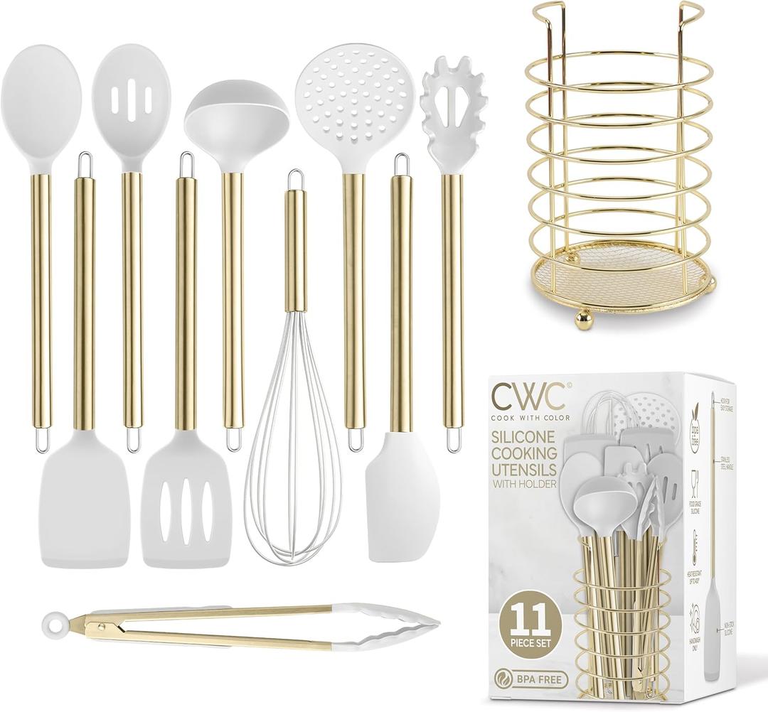 COOK WITH COLOR Silicone Cooking Utensils, Kitchen Utensil Set, Easy to Clean Silicone Kitchen Utensils, Cooking Utensils for Nonstick Cookware, Kitchen Gadgets Set with Holder, 10 Pieces (White)