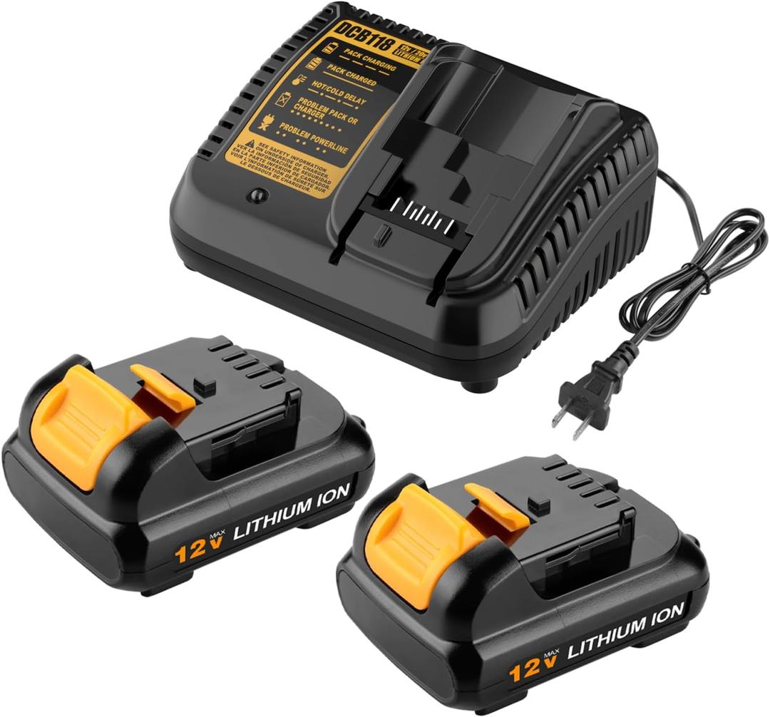 Powilling 12V DCB120 4.0Ah Battery Replacement for Dewalt 12V Battery and Charger Kit Compatible with Dewalt 12 Volt Max DCB124 DCB126 DCB127 DCB122 DCB125 (2 Pack)