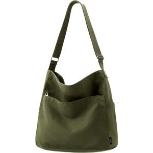 KALIDI Canvas Tote Bag Large Hobo Crossbody Shoulder Handbag Zipper Messenger Bag for Women or Men Casual College Work (Army Green)