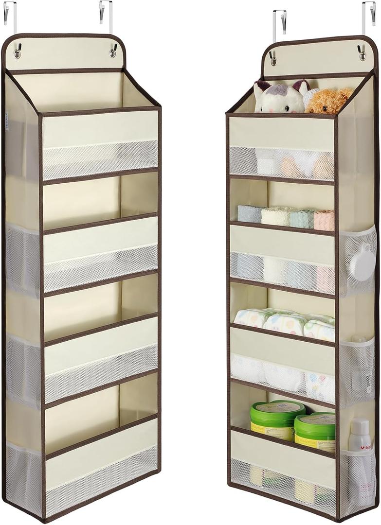 Yecaye Hanging Over the Door Organizer 1 Pack, 35.2lbs Load Toy Stuffed Animal Storage, Swing-proof Bathroom Organizers and Storage for Nursery Newborn Baby Essential Stuff Beige (4 Tier)