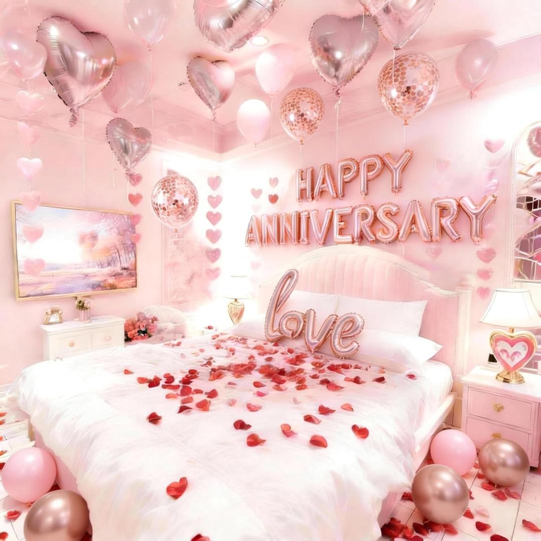 Rose Gold Anniversary Decorations Set - 1052pc Romantic Room Decor Kit with 1000 Rose Petals, HAPPY ANNIVERSARY & LOVE Foil Balloons - Perfect for Proposal, Wedding, Valentine's, Hotel Room Surprises