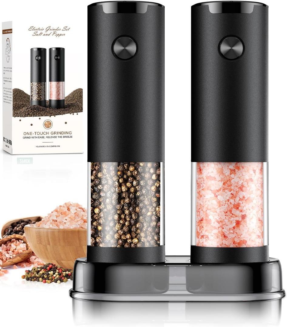 Electric Salt and Pepper Grinder Set Automatic Battery Pepper Mill Shakers Adjustable Coarseness Upgraded Larger Capacity with Led Home and Kitchen Appliances for New House Warming Gifts (Black/Black)