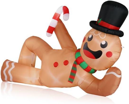 9.8 FT Lighted Christmas Inflatable Decoration, Large Lying Snowman, Funny Blow Up Yard Decorations for Party, Snow Man Outside Vacation Front Lawn Holiday Winter Big Decor (Brown, 9.8FT)