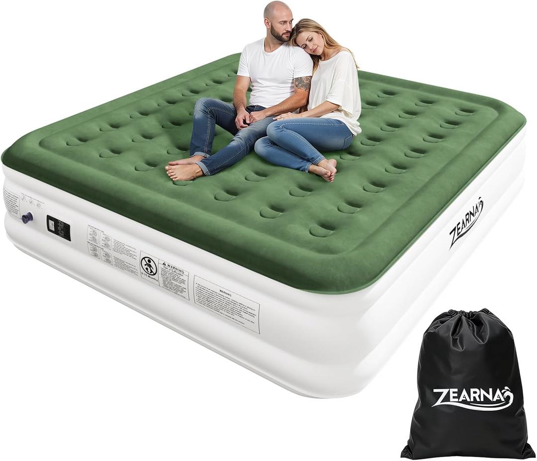 Zearna King Size Air Mattress with Built in Pump, 18" Raised Comfort Air Bed, Upgraded Flocked Top Blow up Mattress with Carrying Bag, Inflatable Mattress for Guests & Home, AirBed, 750 lbs Max (Green)