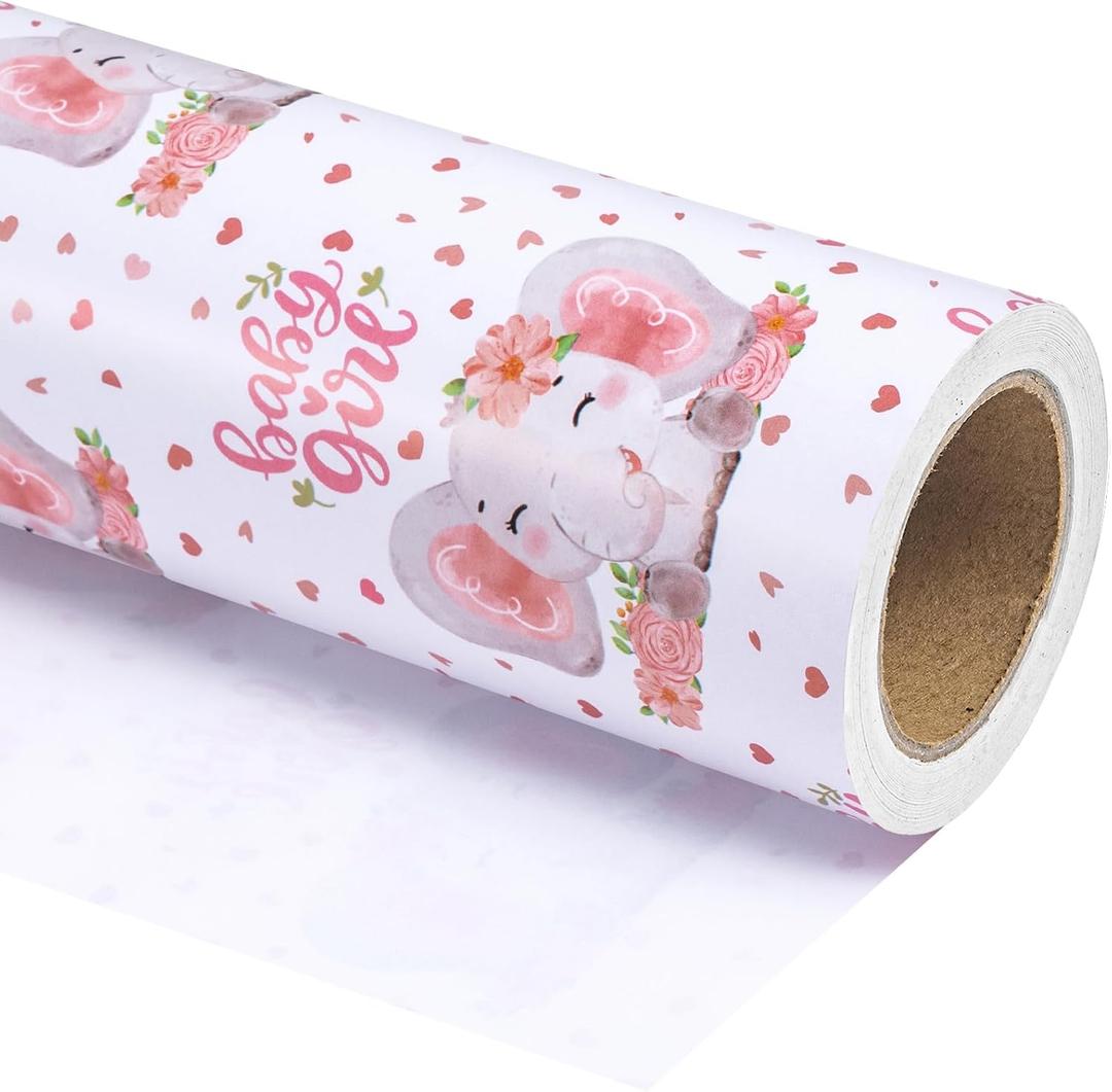 WRAPAHOLIC 30 Inch Baby Girl Wrapping Paper - 30 Inch x 33 Feet - Adorable Pink Elephant Design for Baby Shower, Party, Holiday, 30 X 394 Inch