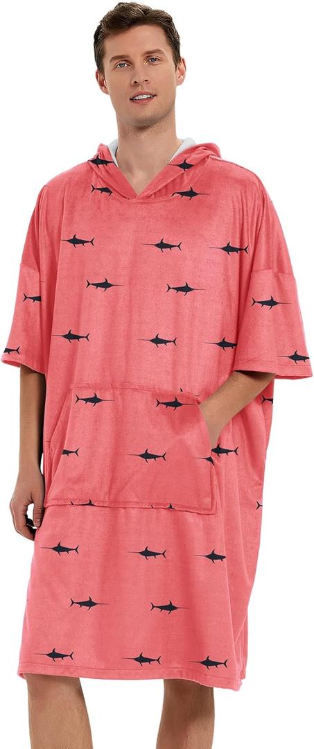 KFUBUO Surf Poncho Mens Towel Robe with Hood Changing Towel Poncho Adult Terry Cloth Swim Towels Quick Dry for Swimmers (Pink Shark)