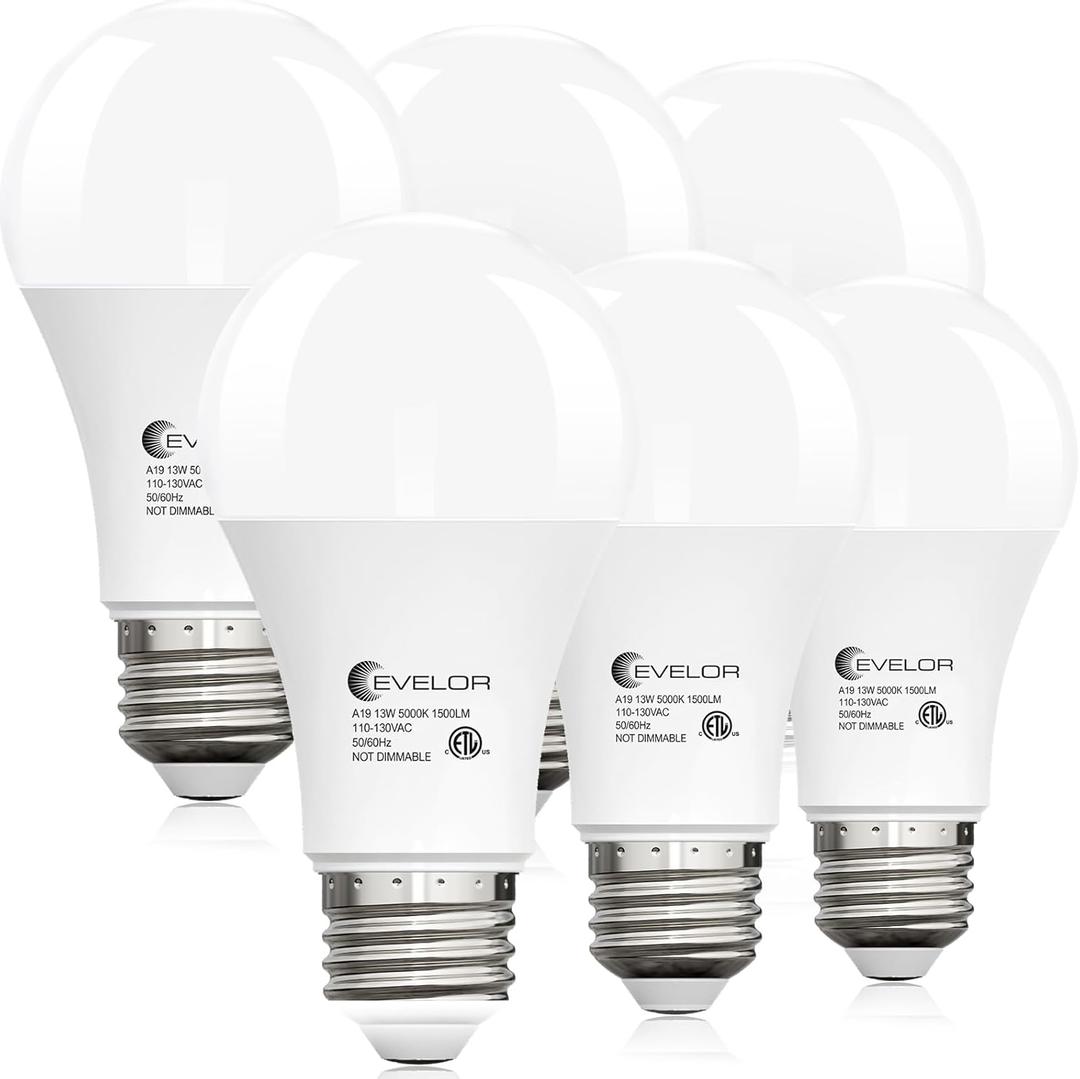 evelor 6-Packs A19 LED Light Bulbs, 100 Watt Equivalent Daylight 5000K Bright Bulbs Efficient 13W, 1500 Lumens E26 Base, Non-Dimmable, 15000-Hour Lifespan for Bedroom, Living Room, Office